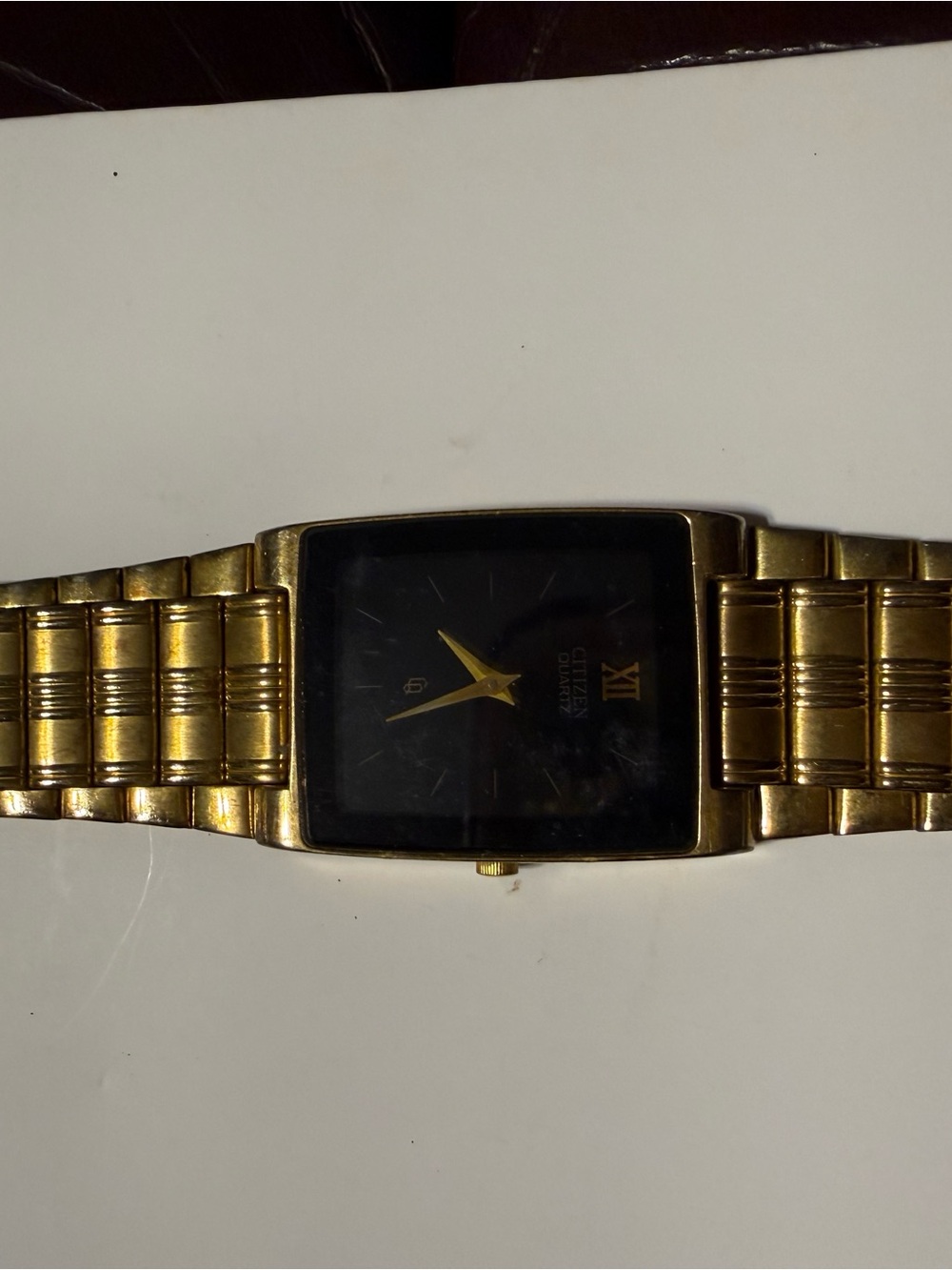 Gold Tone Square Face Quartz Watch - Black Dial